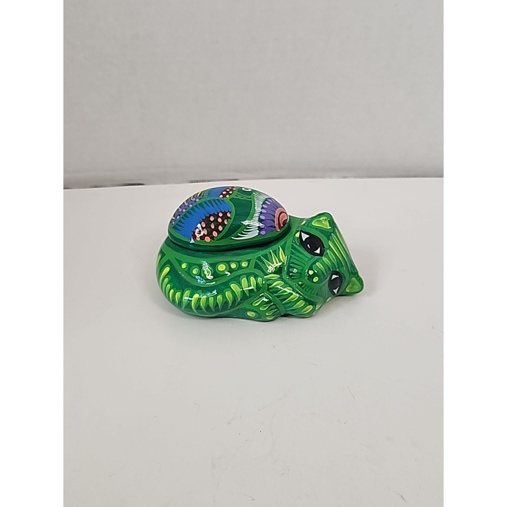 Small Handpainted Colorful Artisan Cat Shaped Trinket Box 4.5" X 3" X 2.5" Tall